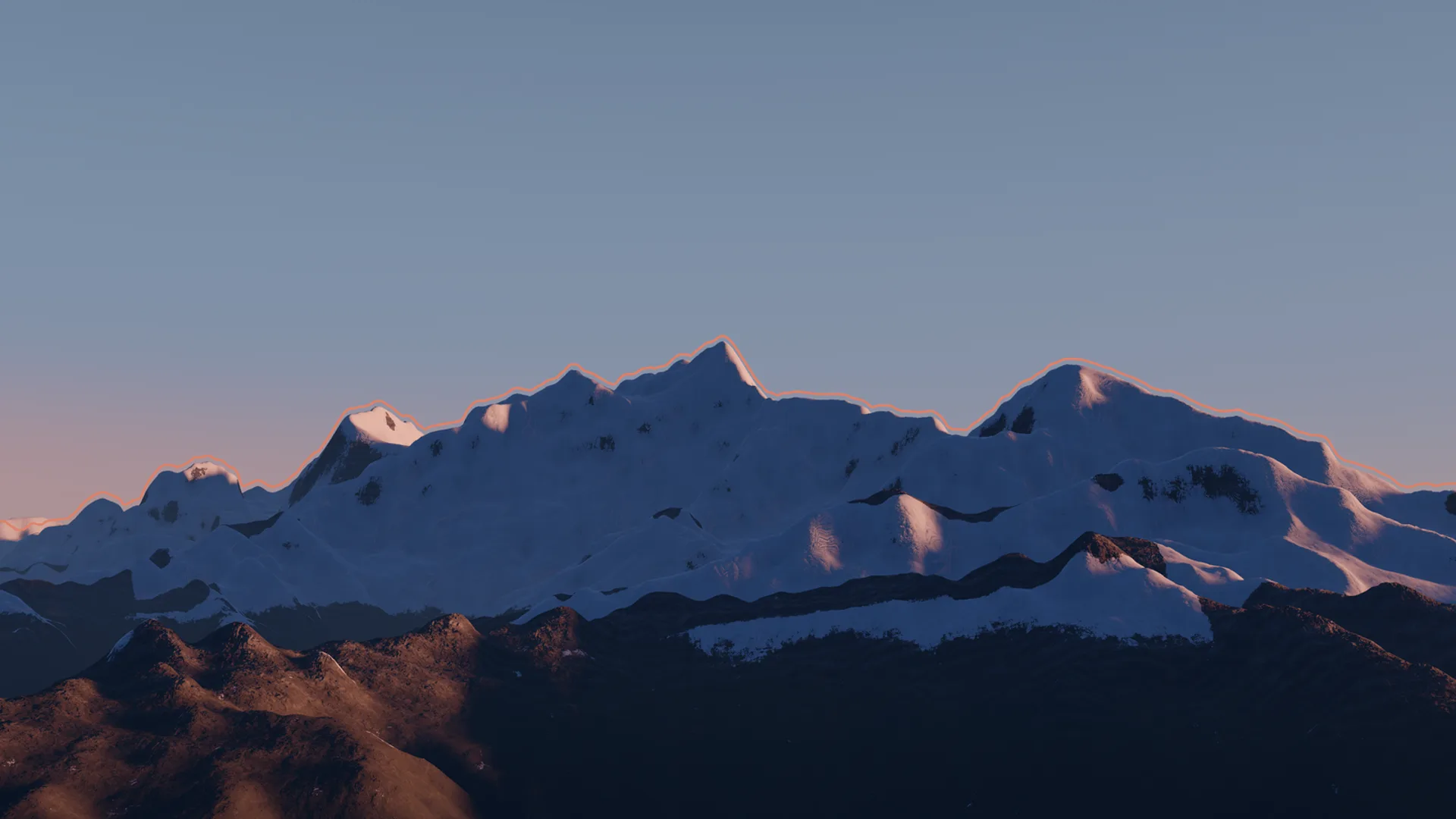 Himalchuli, Ngadi Chuli and Manaslu at dawn, rendered from elevation data.
